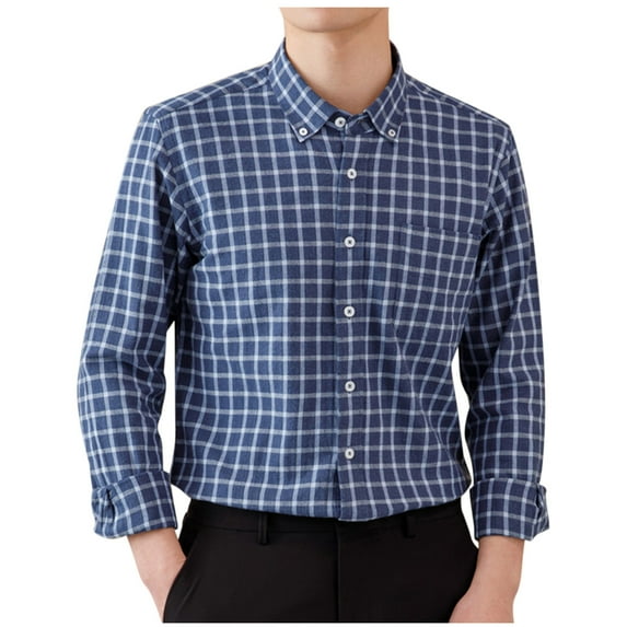 USNSM Men's Plaid Shirt Casual Business Loose Cotton Shirt Turndown Collar Button up Long Sleeve Tops with Pocket Black L