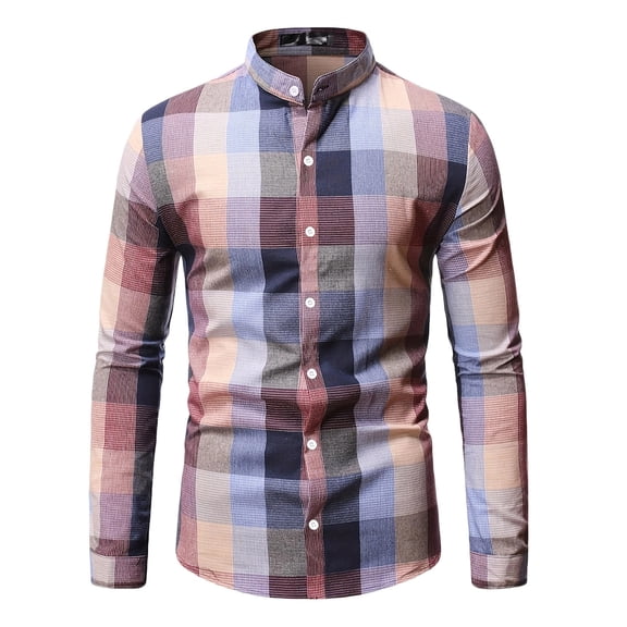 USNSM Men's Plaid Shirt Casual Business Slim Fit Long Sleeve Shirt Stand Collar Button up Long Sleeve Tops Red S