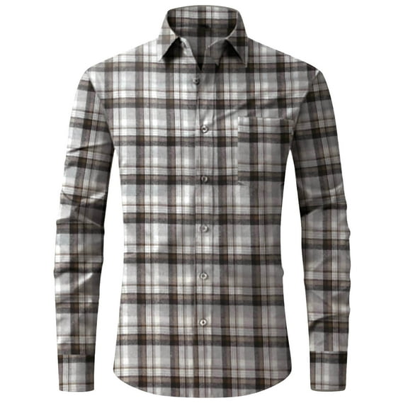 USNSM Men's Plaid Shirt Casual Business Slim Fit Tops Turndown Collar Button up Long Sleeve Shirt with Chest Pocket Gray L