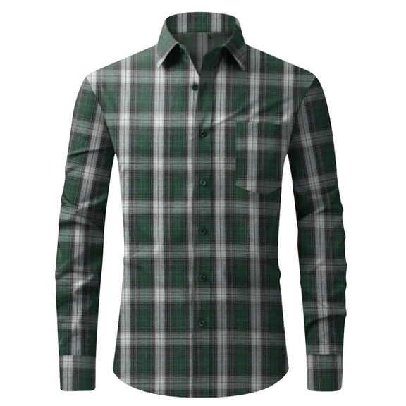 USNSM Men's Plaid Shirt Casual Business Slim Fit Tops Turndown Collar Button up Long Sleeve Shirt with Chest Pocket Green 2XL