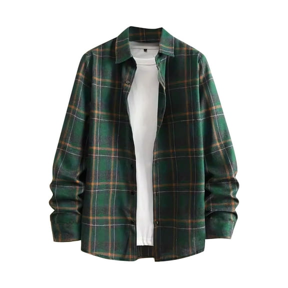 USNSM Men's Plaid Shirt Casual Work Cotton Linen Loose Tops Turndown Collar Button Cardigan Long Sleeve Shirt Green 2XL