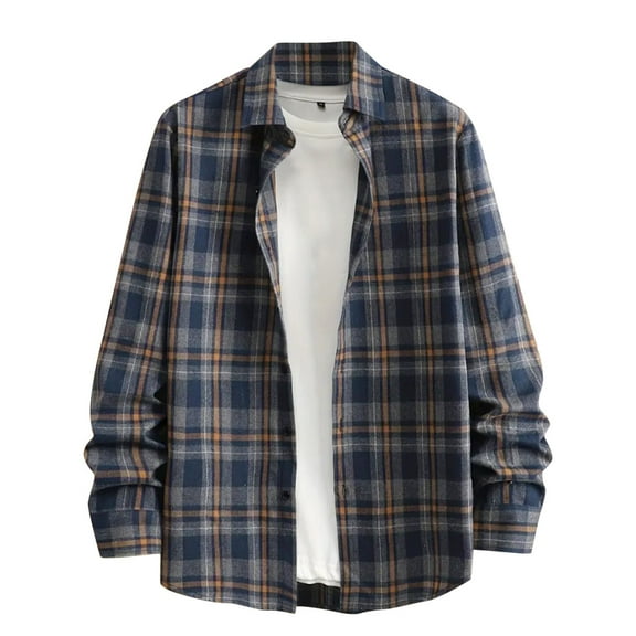 USNSM Men's Plaid Shirt Casual Work Cotton Linen Loose Tops Turndown Collar Button Cardigan Long Sleeve Shirt Navy L