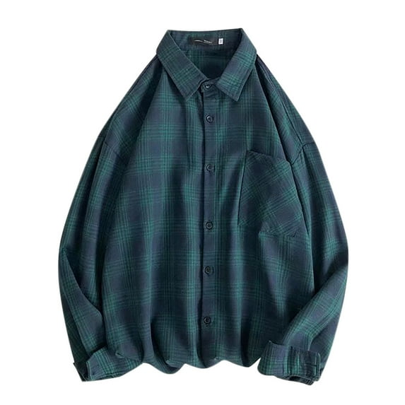 USNSM Men's Plaid Shirt Lapel Button up Long Sleeve Shirt Casual Work Commuter Tops with Chest Pocket Green M