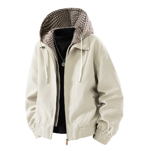 USNSM Men's Plaid Splicing Jacket Lightweight Long Sleeve Hooded Zipper Cardigan Detachable Hat Workwear Coat White XL