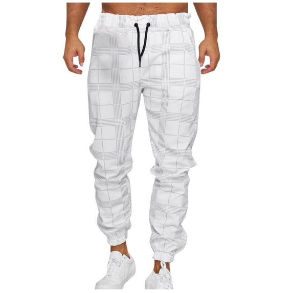 USNSM Men's Plaid Sweatpants Casual Fitness Slim Fit Jogger Drawstring Elastic Waist Long Pants with Pockets White M