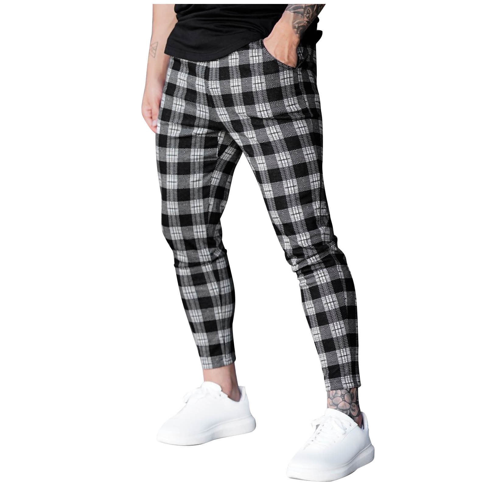 USNSM Men's Plaid Sweatpants Casual Fitness Slim Fit Joggers Drawstring Elastic Waist Straight Leg Pants with Pockets Black XL