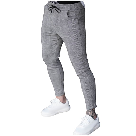 USNSM Men's Plaid Sweatpants Casual Fitness Slim Fit Joggers Drawstring Elastic Waist Straight Leg Pants with Pockets Gray L