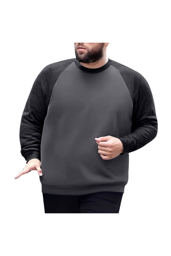 Men's Plus Size Cotton Color Block Loose Raglan Sleeve T-Shirt Casual Workout Bottom Shirt Crew Neck Long Sleeve Pullover Tees Tops Dark Gray 4XL