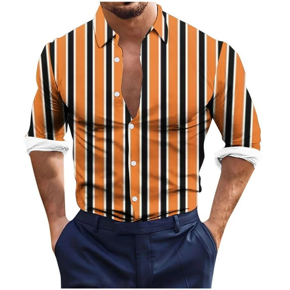 USNSM Men's Plus Size Elasticity Striped Printed Slim Fit T-Shirt Casual Work Office Shirt Turndown Collar Button Up Long Sleeve Blouses Tops Orange S