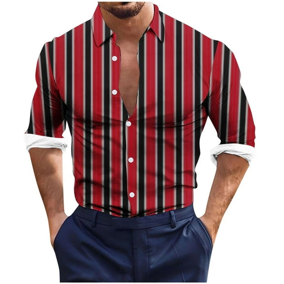 USNSM Men's Plus Size Elasticity Striped Printed Slim Fit T-Shirt Casual Work Office Shirt Turndown Collar Button Up Long Sleeve Blouses Tops Red 4XL