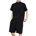 thumbnail image 1 of USNSM Men's Plus Size Linen T-Shirt&Shorts 2 PC Sets Stand Neck Half Button Short Sleeve Pullover Shirt & Lace-Up Elastic Waist Short Pants Homewear Suits Casual Beach Outfits Black M, 1 of 9