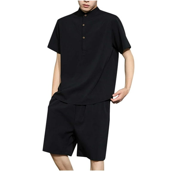 USNSM Men's Plus Size Linen T-Shirt&Shorts 2 PC Sets Stand Neck Half Button Short Sleeve Pullover Shirt & Lace-Up Elastic Waist Short Pants Homewear Suits Casual Beach Outfits Black M
