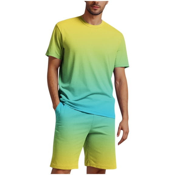 USNSM Men's Plus Size Round Neck Gradient Print Sport Slim Elastic Waist Tie Shorts Soft Comfort Breathable Short Sleeve Shirt Set Yellow L