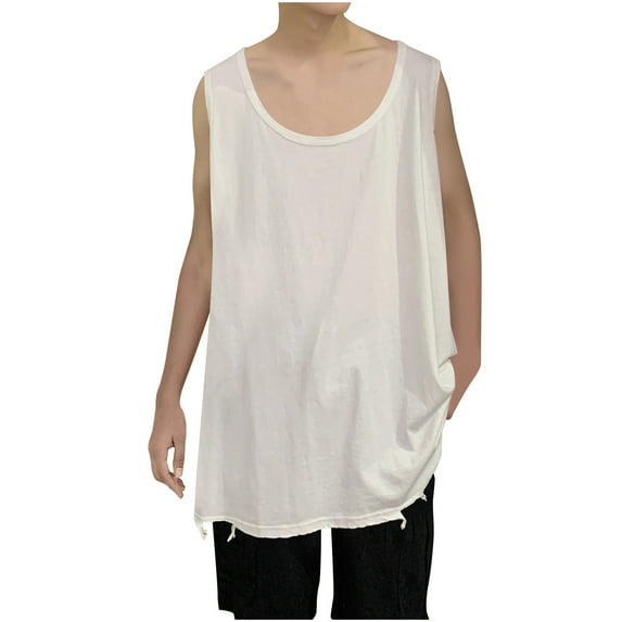 USNSM Men's Plus Size Scoop Neck Tank Tops Oversized Summer Casual Sleeveless Shirts Solid Color Loose Fit Tee White XL