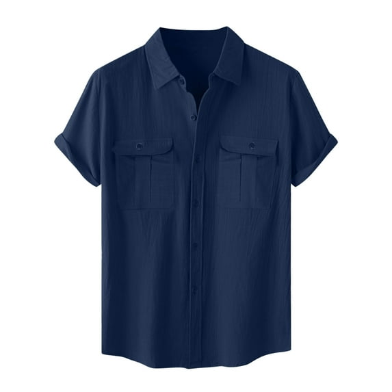 USNSM Men's Plus Size Solid Color Cotton Linen Shirts Summer Loose Breathable Comfortable Casual Pocket Short Sleeve Shirt Top Blue XXXXXL