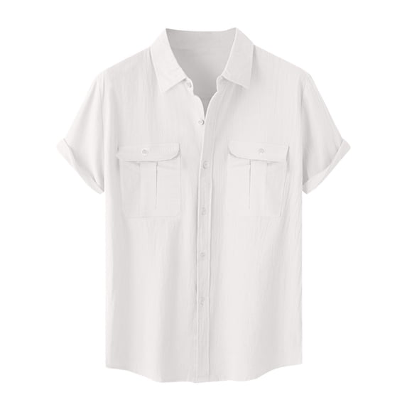 USNSM Men's Plus Size Solid Color Cotton Linen Shirts Summer Loose Breathable Comfortable Casual Pocket Short Sleeve Shirt Top White M