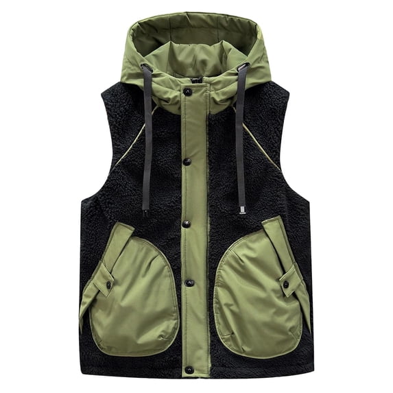 USNSM Men's Pocketed Waistcoat Thickened Sleeveless Hooded Zipper Vest Cotton Jacket Fall Winter Outerwear Casual Jacket Coat Green XL