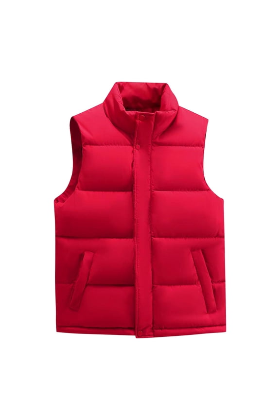 Men's Pocketed Waistcoat Thickened Sleeveless Stand-Up Collar Zipper Vest Cotton Jacket Hoodless Winter Casual Coat Red XXXXL