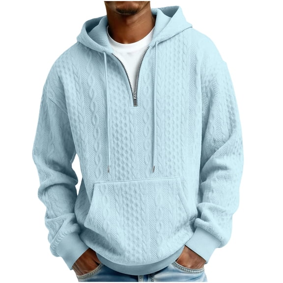 USNSM Men's Quarter Zip Hoodies Casual Long Sleeve Textured Knit Sweatshirt Loose Lightweight Hooded Sweater with Pockets Blue M