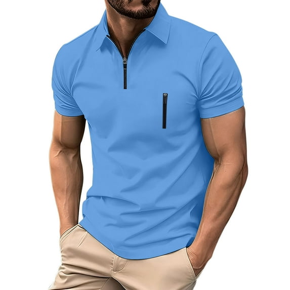 USNSM Men's Quarter Zip Lapel Collar Golf Shirts Short Sleeve Loose Summer Pullover Business Casual Sports Tee Shirt Blue L