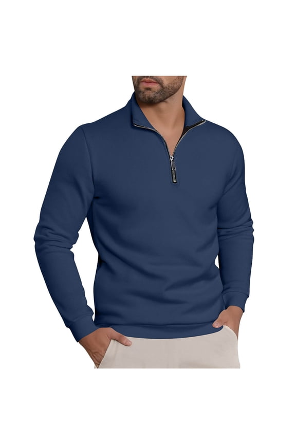 Men's Quarter Zip Pullover Lightweight Mock Neck Sweater Long Sleeve Warm Fall Winter Pullover Sweaters Blue M