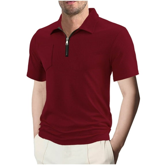 USNSM Men's Quarter Zip Shirts Short Sleeve Casual Ribbed Knitted Golf Shirt Solid Color Summer Beach Slim Fit Tops Red L