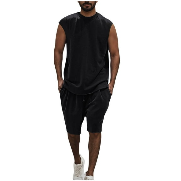 USNSM Men's Quick Dry Lightweight Breathable Summer Solid Color Suit Tank Pants Set Loose Comfort Breathable Crew Neck Vest Set Black M