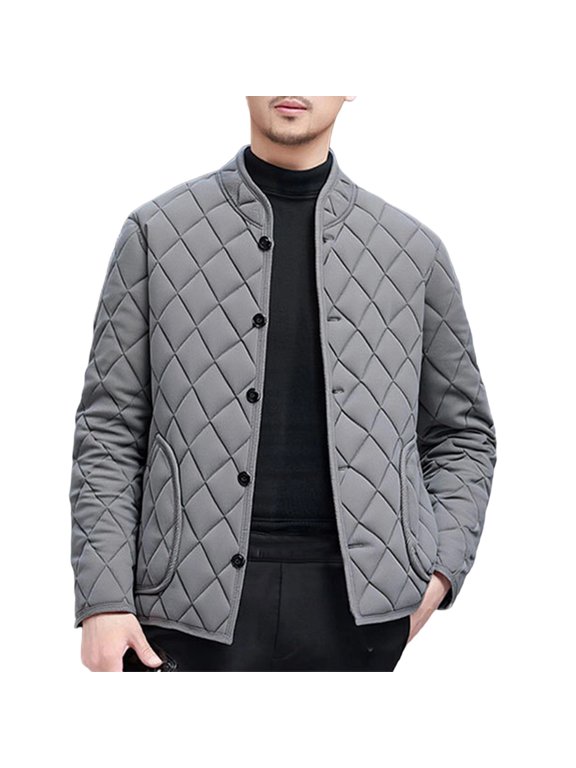 Men's Quilted Lightweight Puffer Jacket Button Down Winter Warm Coat for Cold Weather Daily Wear and Outdoor Activities Gray M