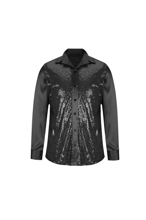 Men's Retro Disco Nightclub Prom Shirt Casual Stretch Patchwork Sequins Slim Fit Shirt Lapel Button up Long Sleeve Tops Black L