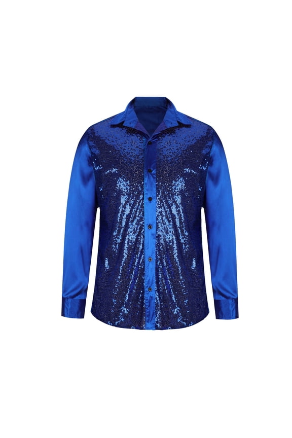 Men's Retro Disco Nightclub Prom Shirt Casual Stretch Patchwork Sequins Slim Fit Shirt Lapel Button up Long Sleeve Tops Blue L