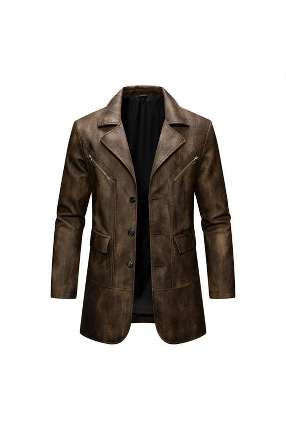 Men's Vintage Faux Leather Blazer Jacket Coat Waterproof PU Windbreaker Leather Jacket Motorcycle Turndown Collar Winter Suit Overcoat Brown L