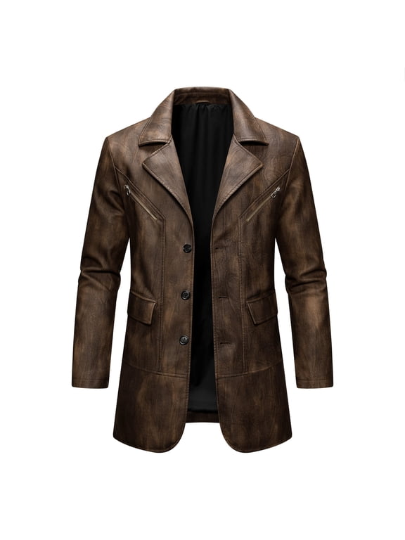 Men's Vintage Faux Leather Blazer Jacket Coat Waterproof PU Windbreaker Leather Jacket Motorcycle Turndown Collar Winter Suit Overcoat Brown M