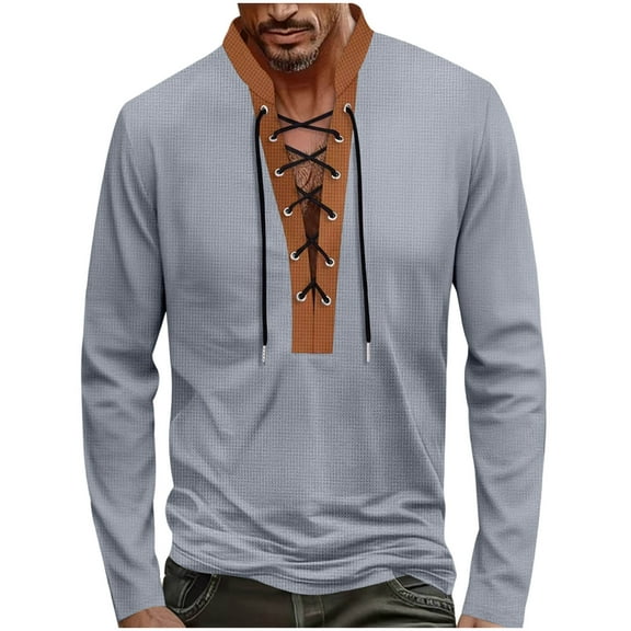 USNSM Men's Retro Long Sleeve Lace Up Shirts Solid Color Stand Up Collar Patchwork Drawstring Style Pullover Top Gray M