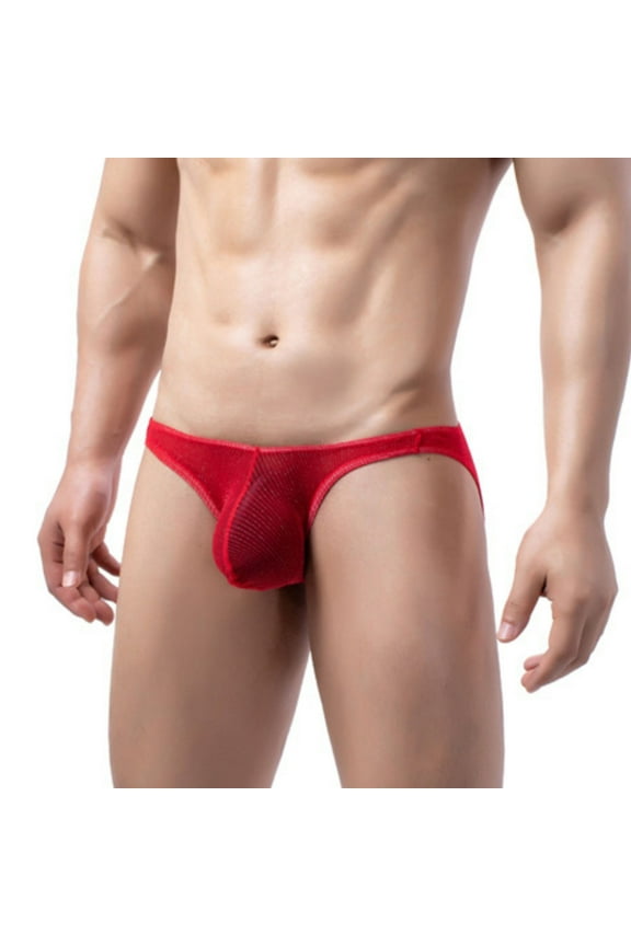 Men's See Through Ice Silk Breathable Triangle underwear Ball Pouch Bulge Enhancing Low Waist G Strings Briefs Red L