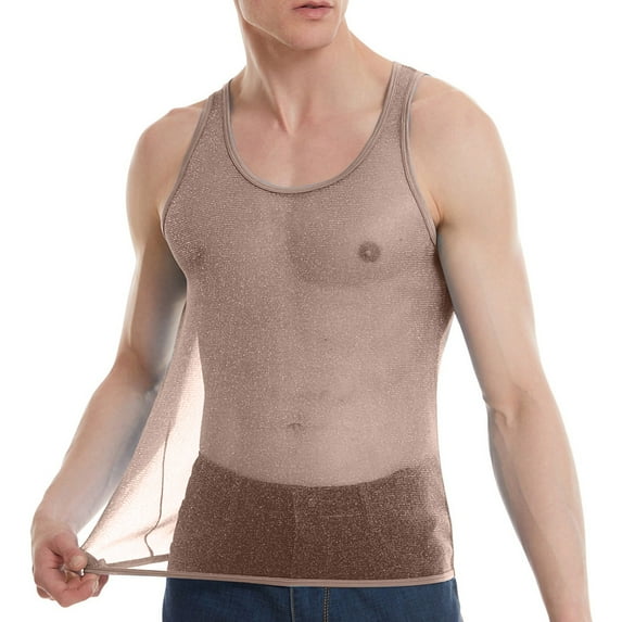 USNSM Men's See Through Tank Top Sheer Mesh Shiny Crop Top Stretchy Lace Muscle Shirts Solid Color Base Round Neck Sleeveless Top Brown S