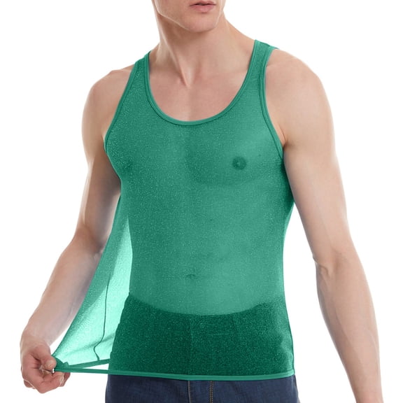 USNSM Men's See Through Tank Top Sheer Mesh Shiny Crop Top Stretchy Lace Muscle Shirts Solid Color Base Round Neck Sleeveless Top Green L