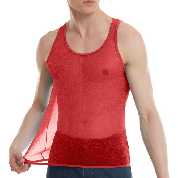 USNSM Men's See Through Tank Top Sheer Mesh Shiny Crop Top Stretchy Lace Muscle Shirts Solid Color Base Round Neck Sleeveless Top Red XL
