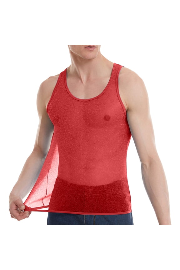 Men's See Through Tank Top Sheer Mesh Shiny Crop Top Stretchy Lace Muscle Shirts Solid Color Base Round Neck Sleeveless Top Red XL