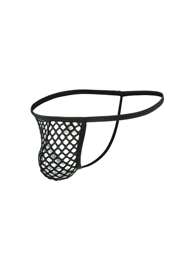 Men's Sexy Solid Color Big Mesh Transparent G String Thong Fishnet Low Waist Underwear Lingerie Briefs Black L