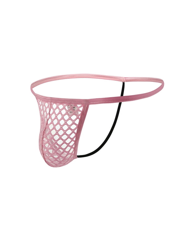 Men's Sexy Solid Color Big Mesh Transparent G String Thong Fishnet Low Waist Underwear Lingerie Briefs Pink XL