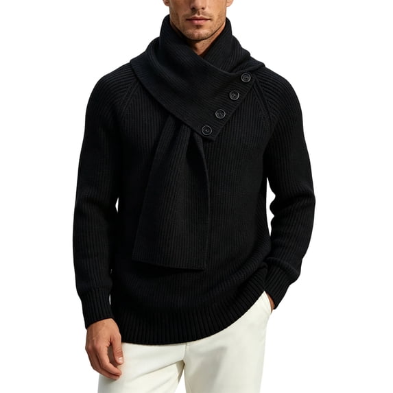 USNSM Men's Shawl Collar Button Front Knit Sweater Pullover Long Sleeve Business Casual Winter Warm Tops Black M
