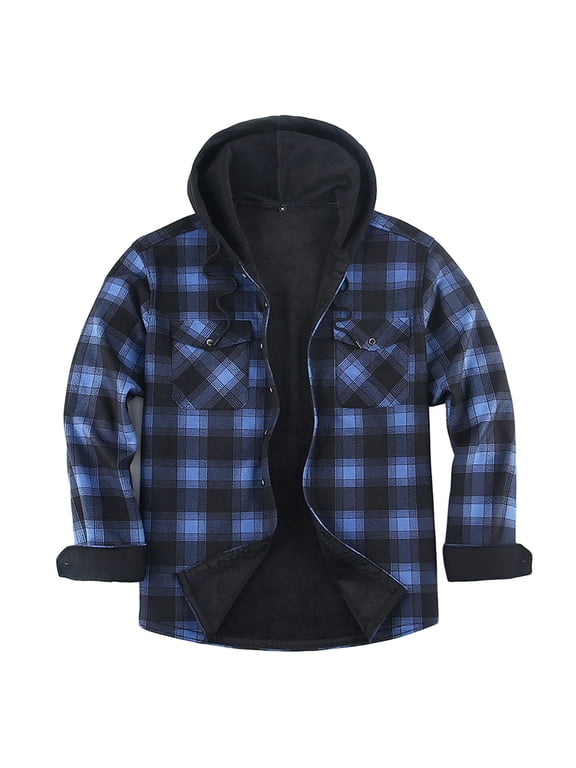 Men's Sherpa Lined Flannel Jacket with Hood Zip Up Plaid Shirt Jacket Thickened Winter Outdoor Warm Outerwear Fleece Coat Blue XXL
