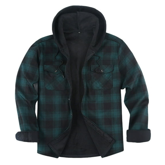 USNSM Men's Sherpa Lined Flannel Jacket with Hood Zip Up Plaid Shirt Jacket Thickened Winter Outdoor Warm Outerwear Fleece Coat Green XL