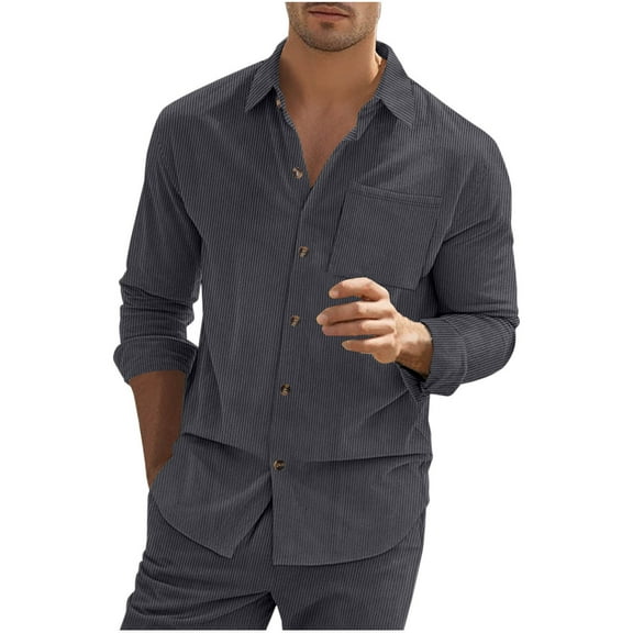 USNSM Men's Shirt Casual Business Ribbed Corduroy Slim Fit Dress Shirt Turndown Collar Button up Long Sleeve Tops with Chest Pocket Gray L