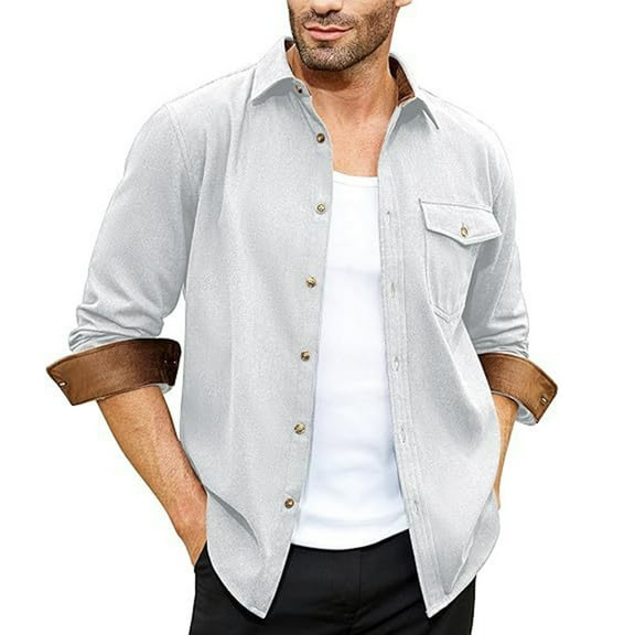 USNSM Men's Shirt Casual Business Solid Color Button Cardigan Tops Turndown Collar Long Sleeve Shirt with Chest Pocket Gray M