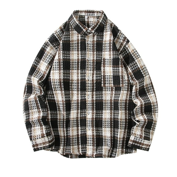 USNSM Men's Shirt Casual Plus Size Flannel Plaid Loose Shirt Turndown Collar Button up Long Sleeve Tops with Chest Pocket Black 2XL