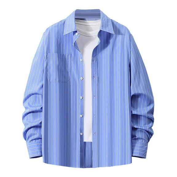 USNSM Men's Shirt Casual Work Elasticity Striped Loose Buttons Cardigan Shirt Turndown Collar Long Sleeve Tops with Chest Pocket Blue 2XL