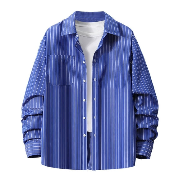 USNSM Men's Shirt Casual Work Elasticity Striped Loose Buttons Cardigan Shirt Turndown Collar Long Sleeve Tops with Chest Pocket Dark Blue L