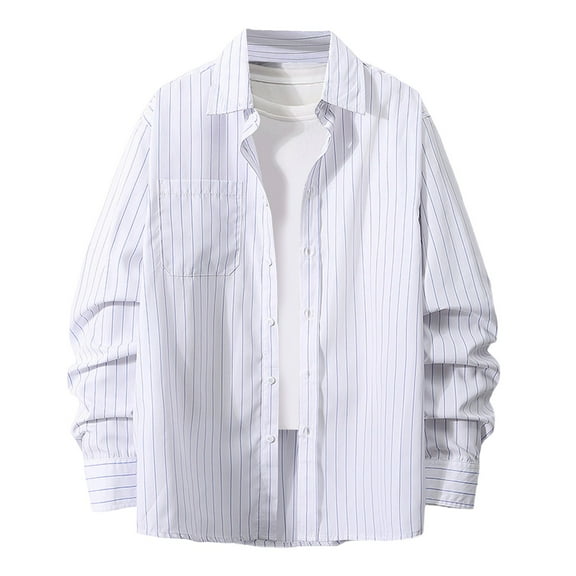 USNSM Men's Shirt Casual Work Elasticity Striped Loose Buttons Cardigan Shirt Turndown Collar Long Sleeve Tops with Chest Pocket White L