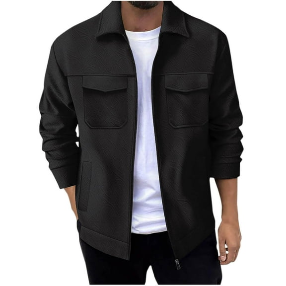 USNSM Men's Shirt Jacket Casual Jacquard Solid Tops Turndown Collar Zipper Cardigan Long Sleeve Coat with Pockets Black 2XL
